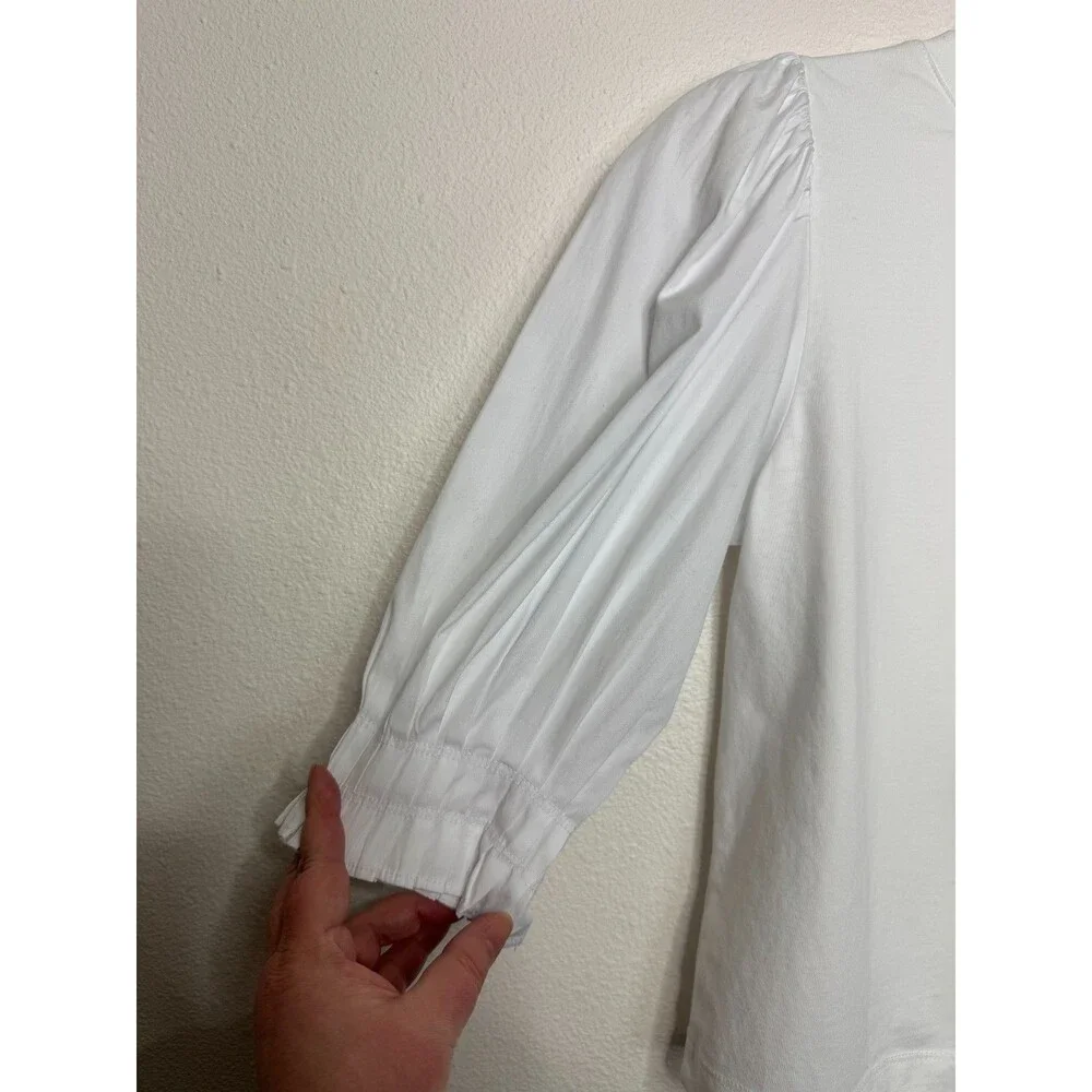 Madewell XXS Puff Half Sleeve Knit Top White Cotton Poplin Pleated Crewneck NWT